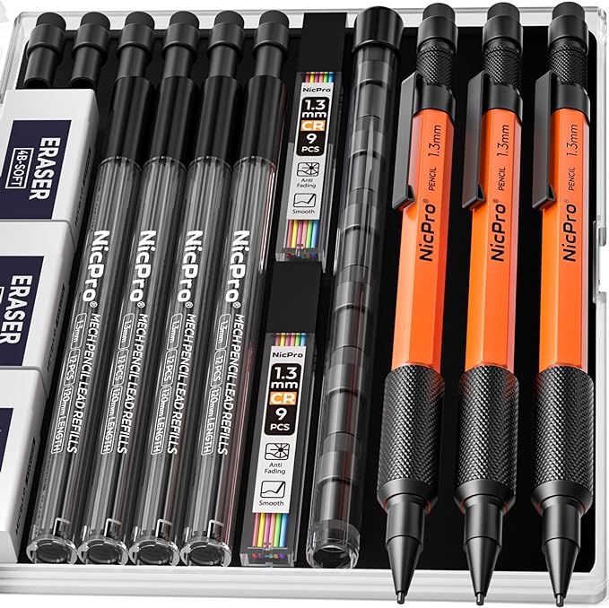 Nicpro 3 PCS 1.3 mm Orange Mechanical Pencils Set by Nicpro