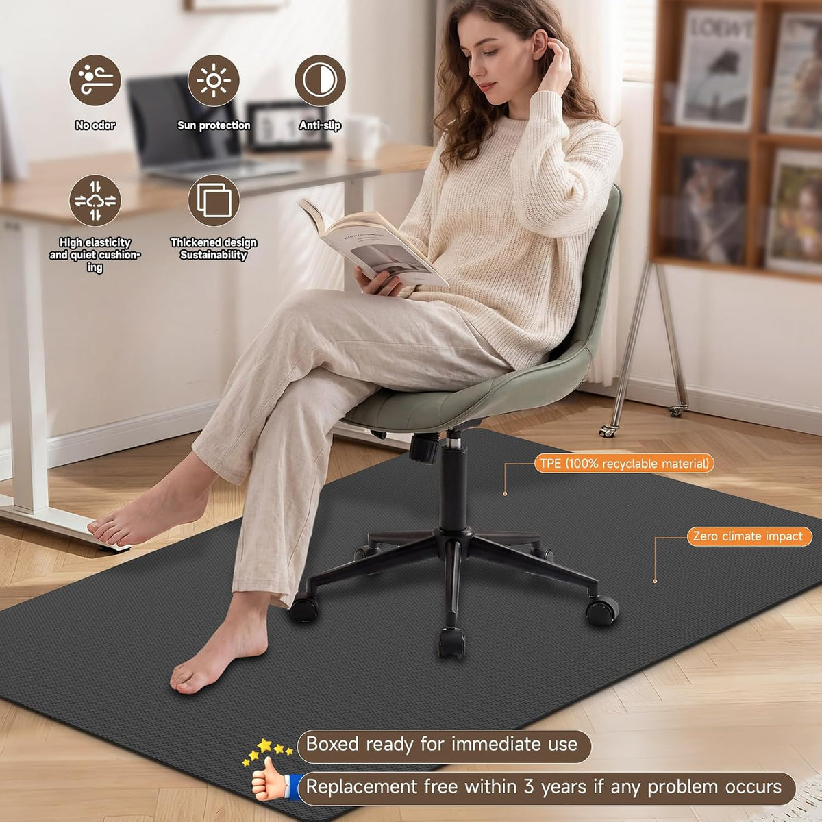 insefocc Office Chair Mat, 48 x 36 Inch Black TPE Desk Chair Floor Protector,...