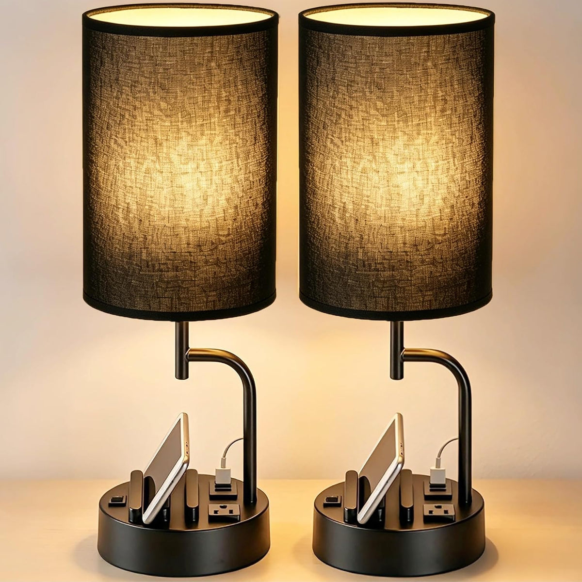 Dreamholder 2 Pack Table Lamp, Bedside Lamp with 3 USB Charging Ports & A...