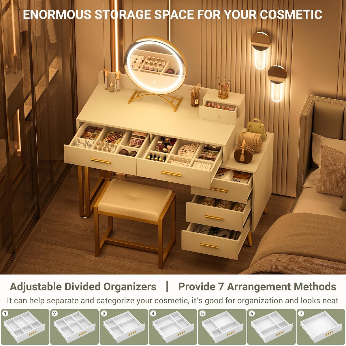 Armocity White Vanity Desk with Mirror and Lights, Modern Makeup Vanity Table...