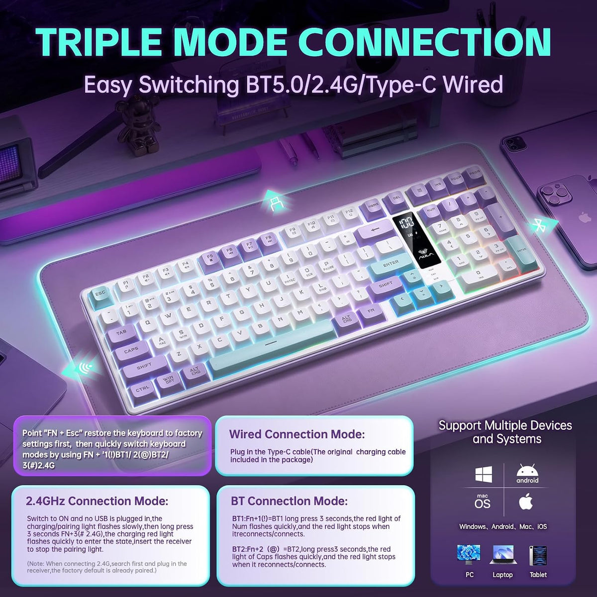 Aula S99pro V2 Full Size Gaming Keyboard,Wireless Creamy Membrane Keyboard