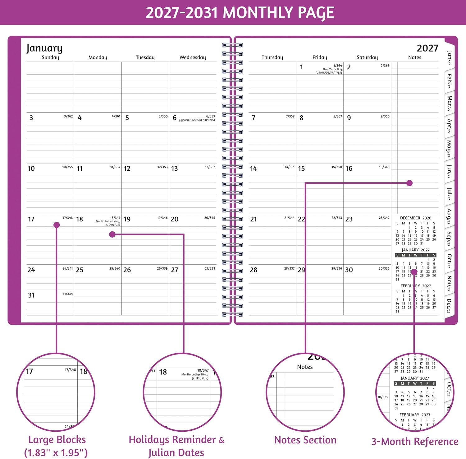 Monthly Planner 2027-2031, 5-Year Calendar Planner 2027-2031, Jan 2027 – Dec 2031, 8.5 x 11 In, Ruled Spread, Flexible Cover, Spiral Wirebound, Pocket, 60 Coated Monthly Tabs, Notes ＆ Habit Tracker, A4 Planner, Purple