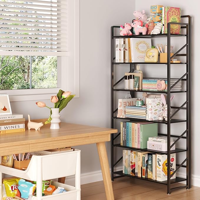 JSB No Assembly Folding Bookshelf, 6 Tier Industrial Metal Book Shelf - Image 2