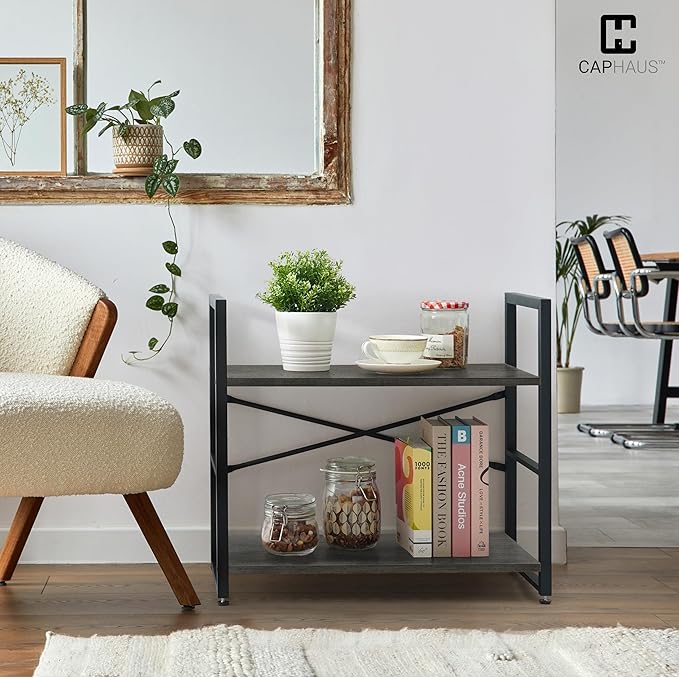 CAPHAUS 2 Tier Small Bookshelf, 24 Inch Width Free Standing Shelf, Bookcase - Image 4