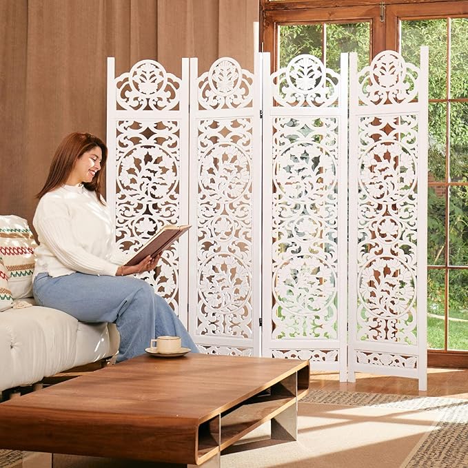 5.75Ft Room Divider Wood Screen, 33Lbs Durable MDF Carved Rustic Style Headboard by Svimi