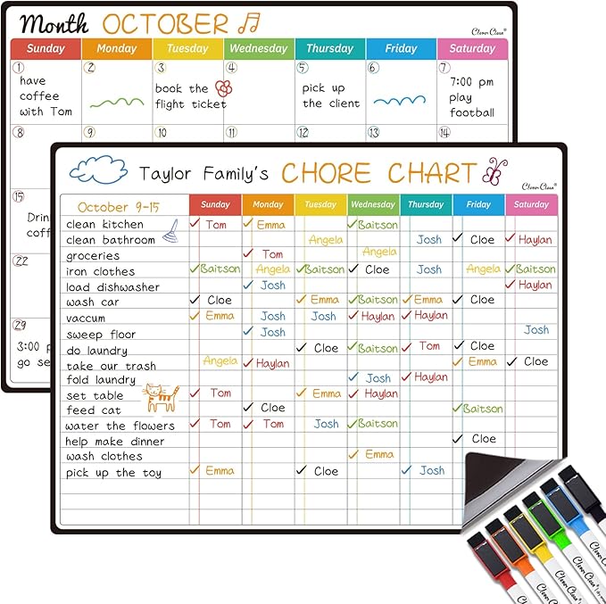 Magnetic Dry Erase Chore Chart, Monthly Calendar Set by CleverClean