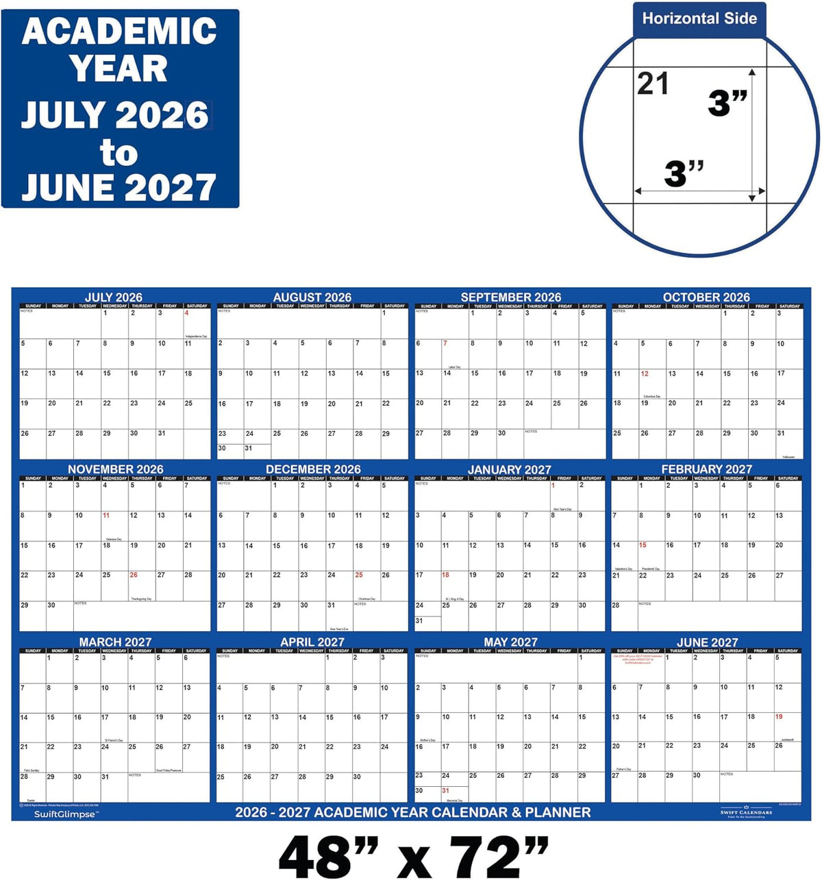 47" x 72" SwiftGlimpse 2026-2027 Academic Wall Calendar Erasable La...