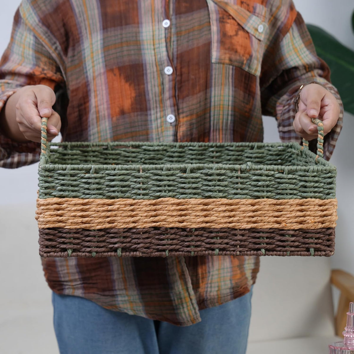 Colorful Woven Rectangle Storage Basket for Shelves&Organization