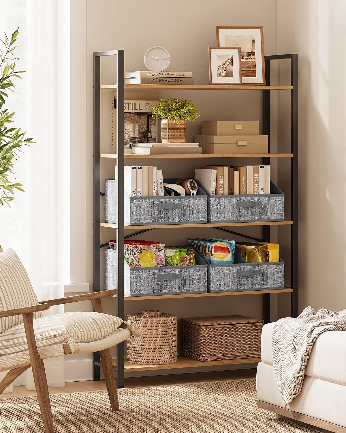 SONGMICS Storage Baskets, Set of 6, Foldable Closet Organizer for Shelves