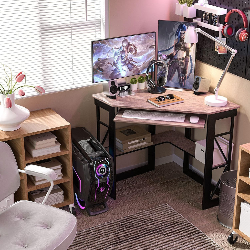 VECELO Corner Desk Computer Desk Writing Table with Smooth Keyboard Tray&Storage Shelves for Small Spaces/Compact Home Office Triangle Table,Brown