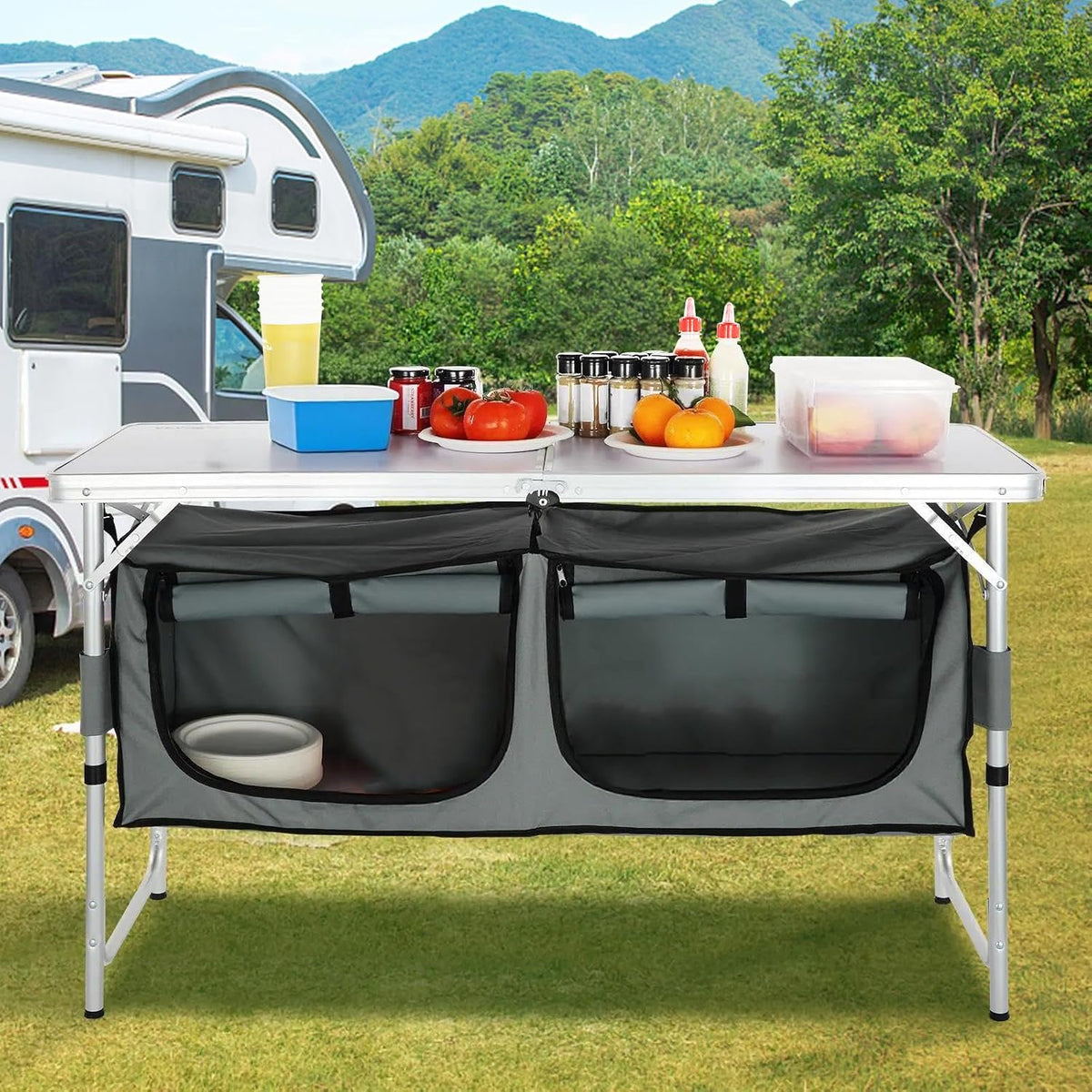 VEVOR Camping Kitchen Station, 3 Adjustable Height Folding Outdoor Camp Cooki...