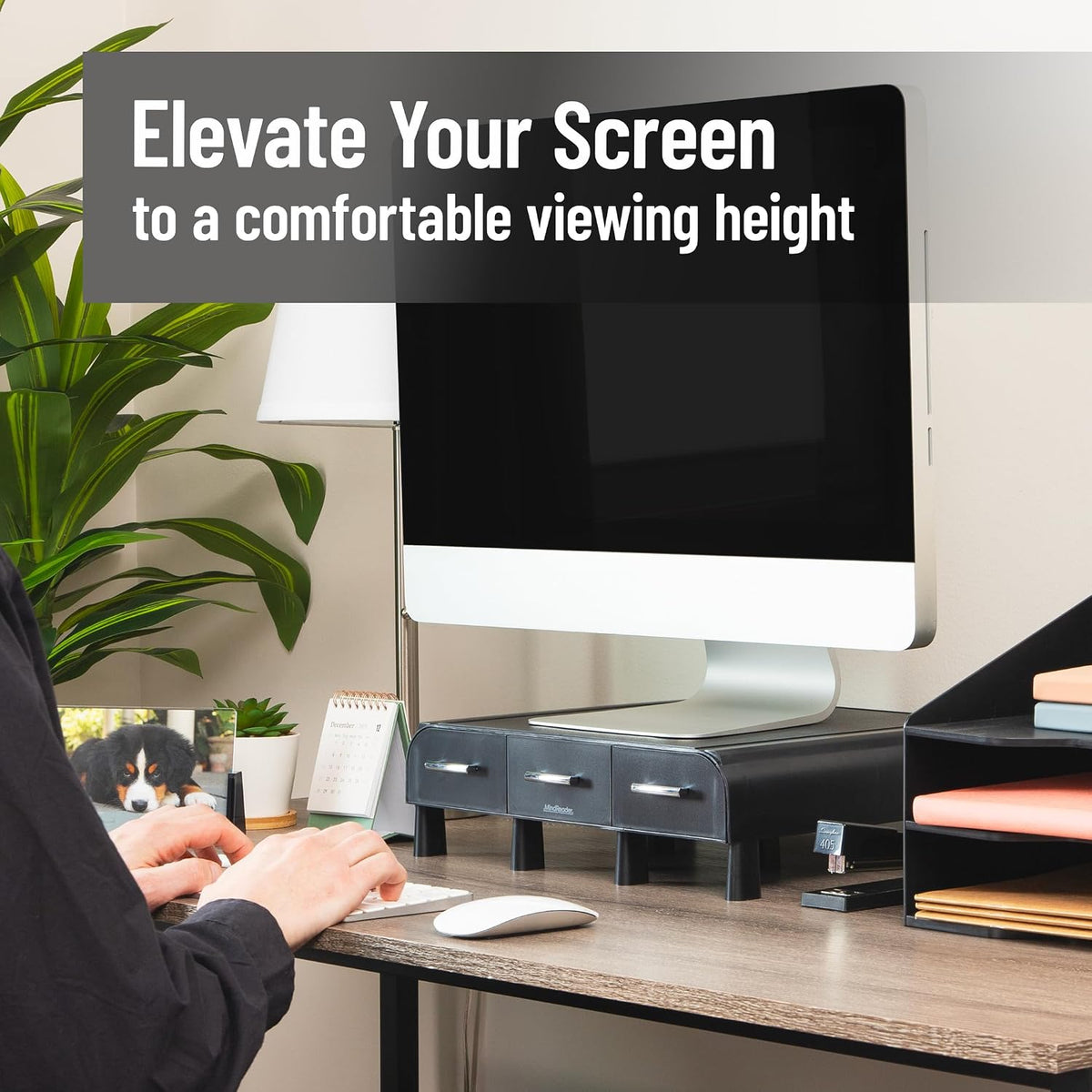 mind reader monitor stand, 3 storage drawers, desktop shown in use