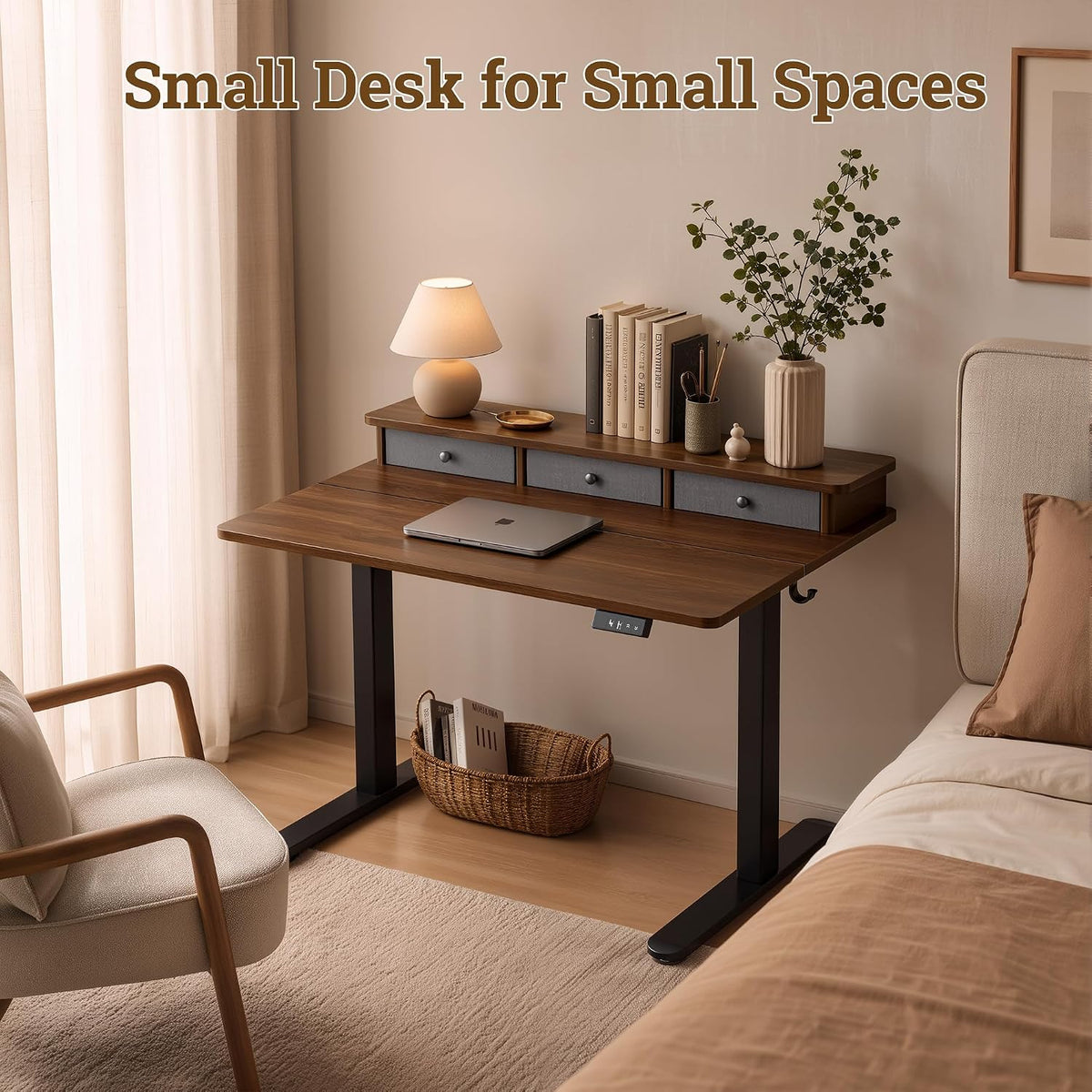 TIQLAB Small Standing Desk with 3 Drawers, 40" Computer Desk Vanity, Walnut