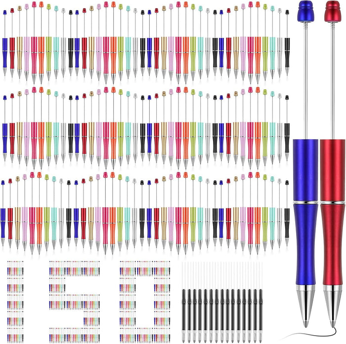 Outus 150 Pcs Beadable Pen Kit Bulk Colored Plastic Ballpoint Pens with Refills Craft Gift for School Office Teachers