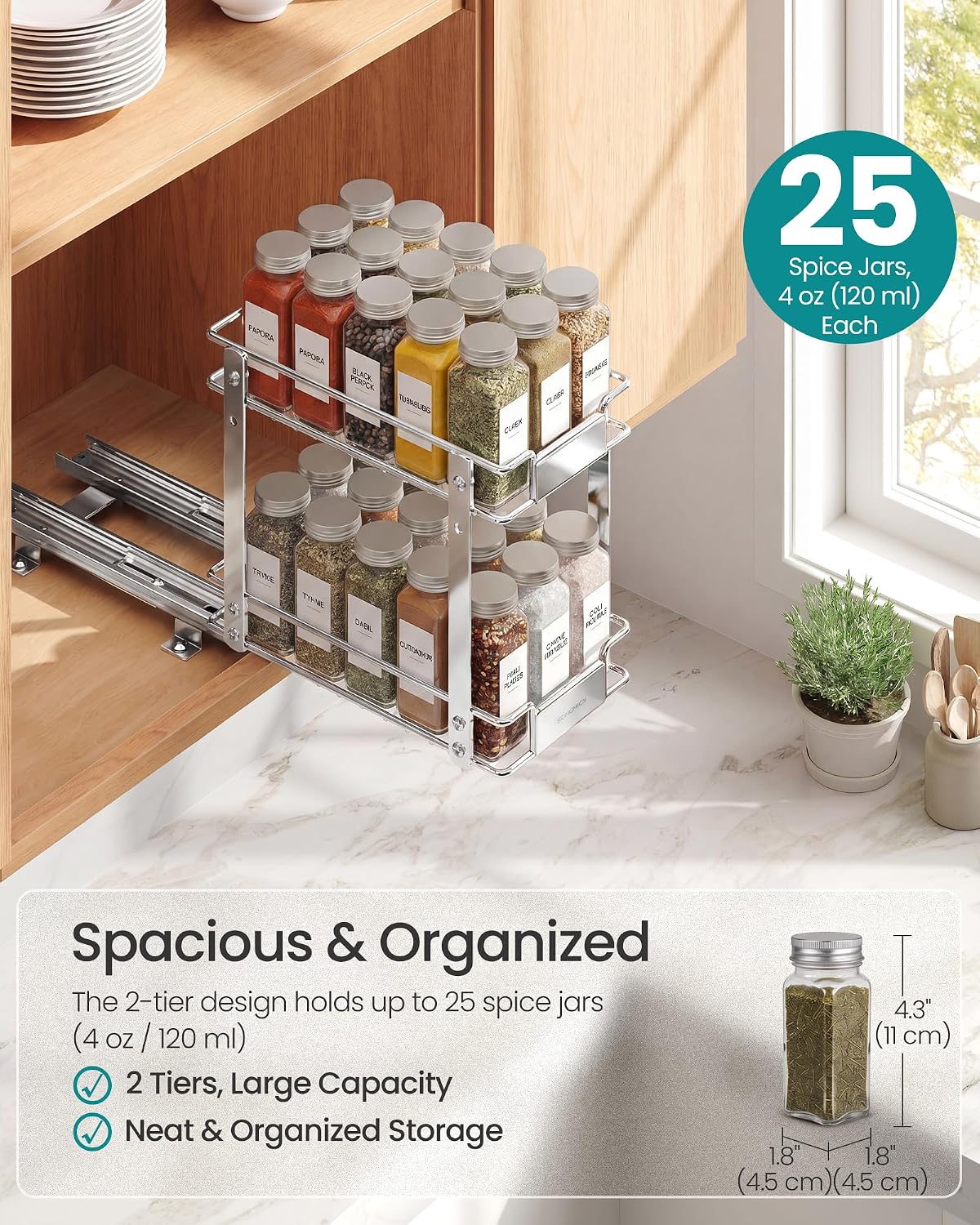 SONGMICS Spice Rack Organizer for Cabinet, Pull Out 2 Tier Thick Steel