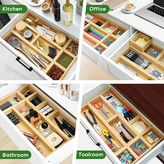Bamboo Drawer Organizer Set, Junk Drawer Divider and Storage Trays Containers - Image 5