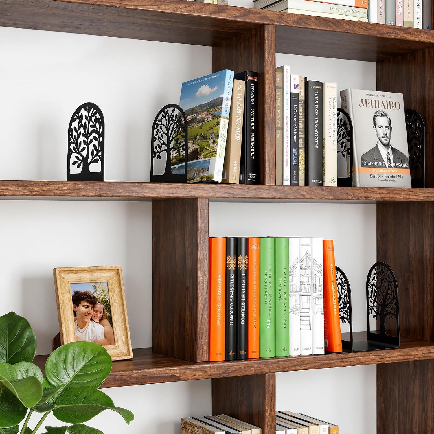 HappyHapi 7 Pair Book Ends, Metal Bookends for Shelves, Decorative Bookends | Decorative Book Holder for Shelf, Tree Stopper for Heavy Books, Black Book Ends for Home Office, 6.5 X 4.7 X 3.5 Inch