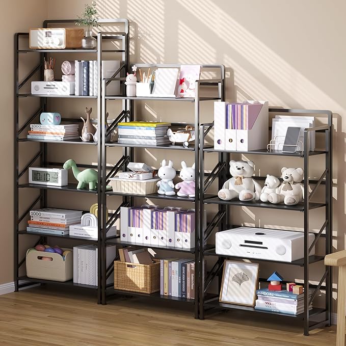 JSB No Assembly Folding Bookshelf, 6 Tier Industrial Metal Book Shelf - Image 5