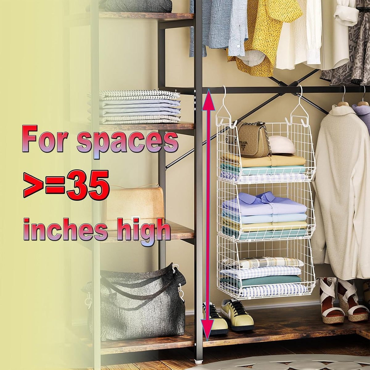 X-cosrack 3 Tier Foldable Closet Organizer, Clothes Shelves with 5 S Hooks, W...