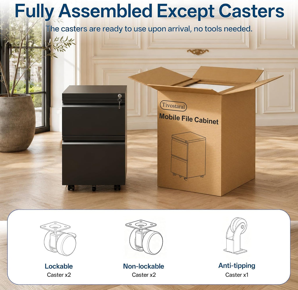 fully assembled 2 drawer mobile file cabinet with, side view