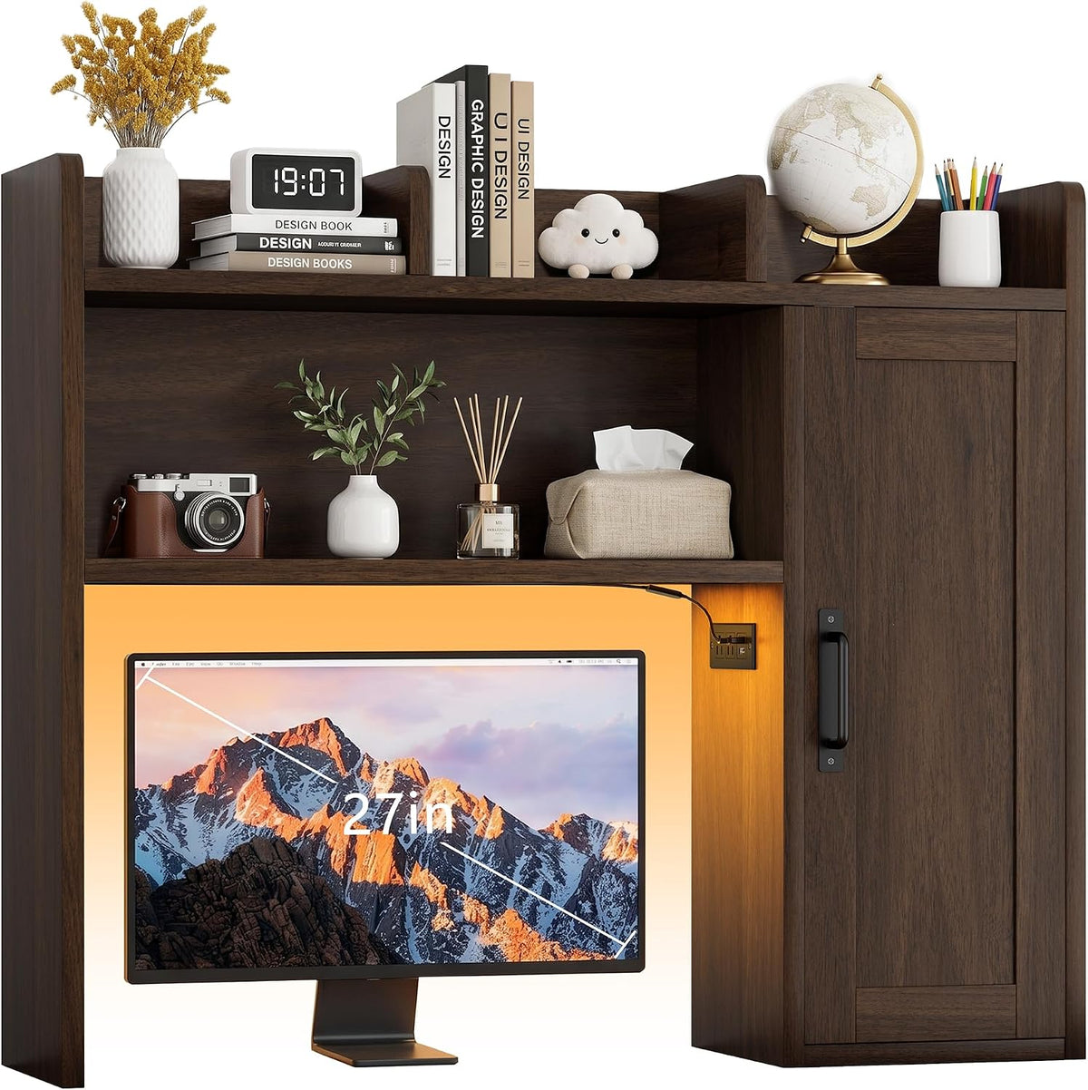 Desktop Bookshelf, Desk Hutch with RGB LED Lights & Power Outlets