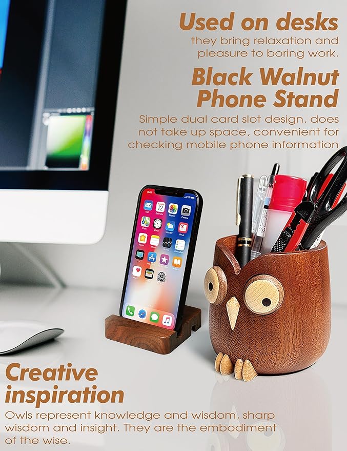 WODTILIFE Cute Owl Pen Holder for desk and walnut Phone Stand, Fun ebony pencil - Image 3