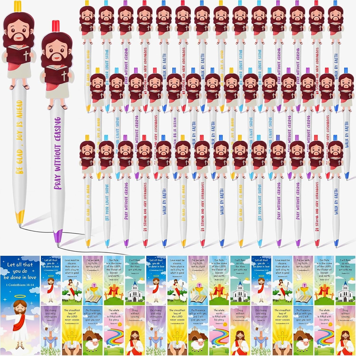 CroBlissful 120 Pcs Little Jesus Pens Bulk Christian Religious Gift for Kid Sunday School Prizes Vbs Gift Jesus Loves You Ballpoint Pen with Bible Verse Bookmarks for Church (Bible,Multicolor)