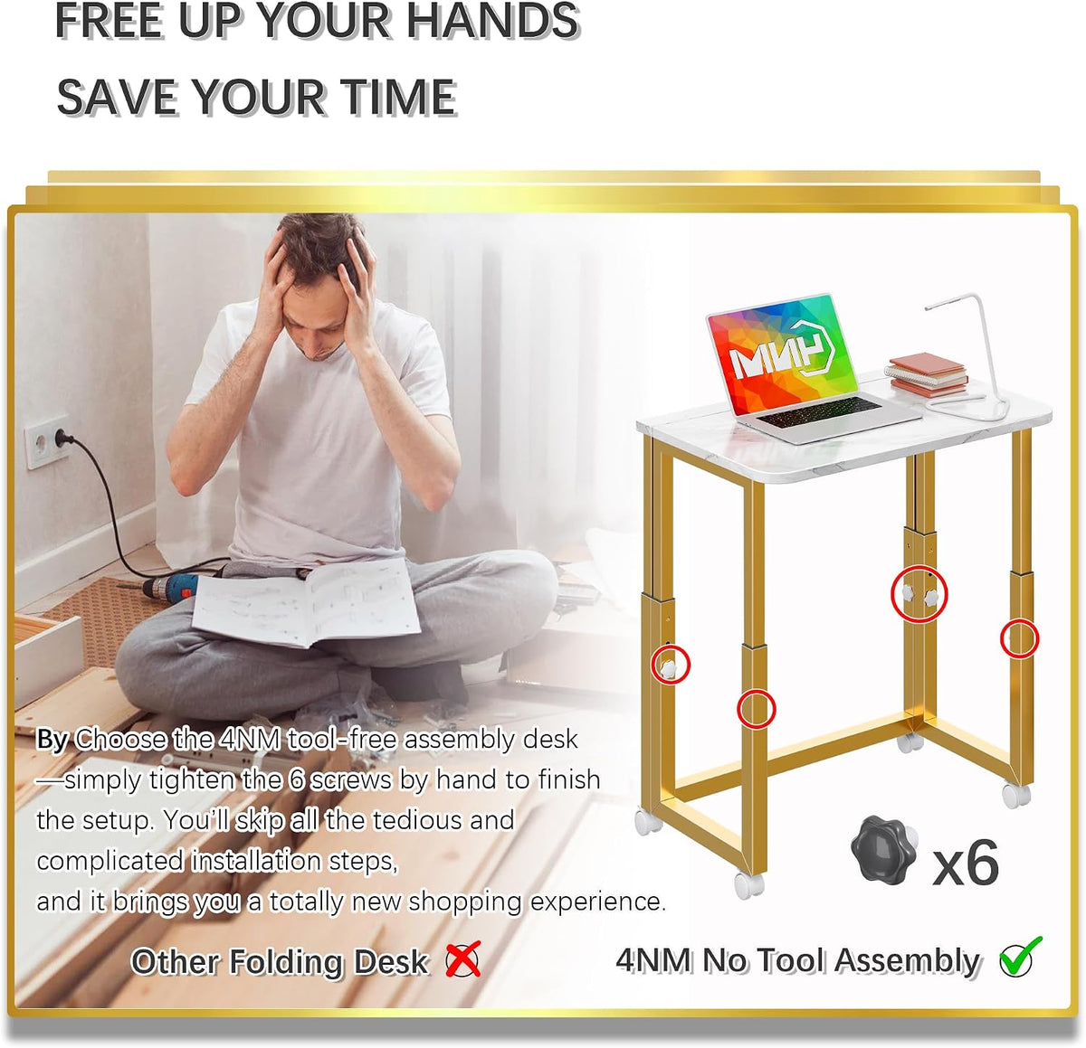 4NM No Tool Assembly 27.5" Small Desk, Folding Portable Desk with Wheels...