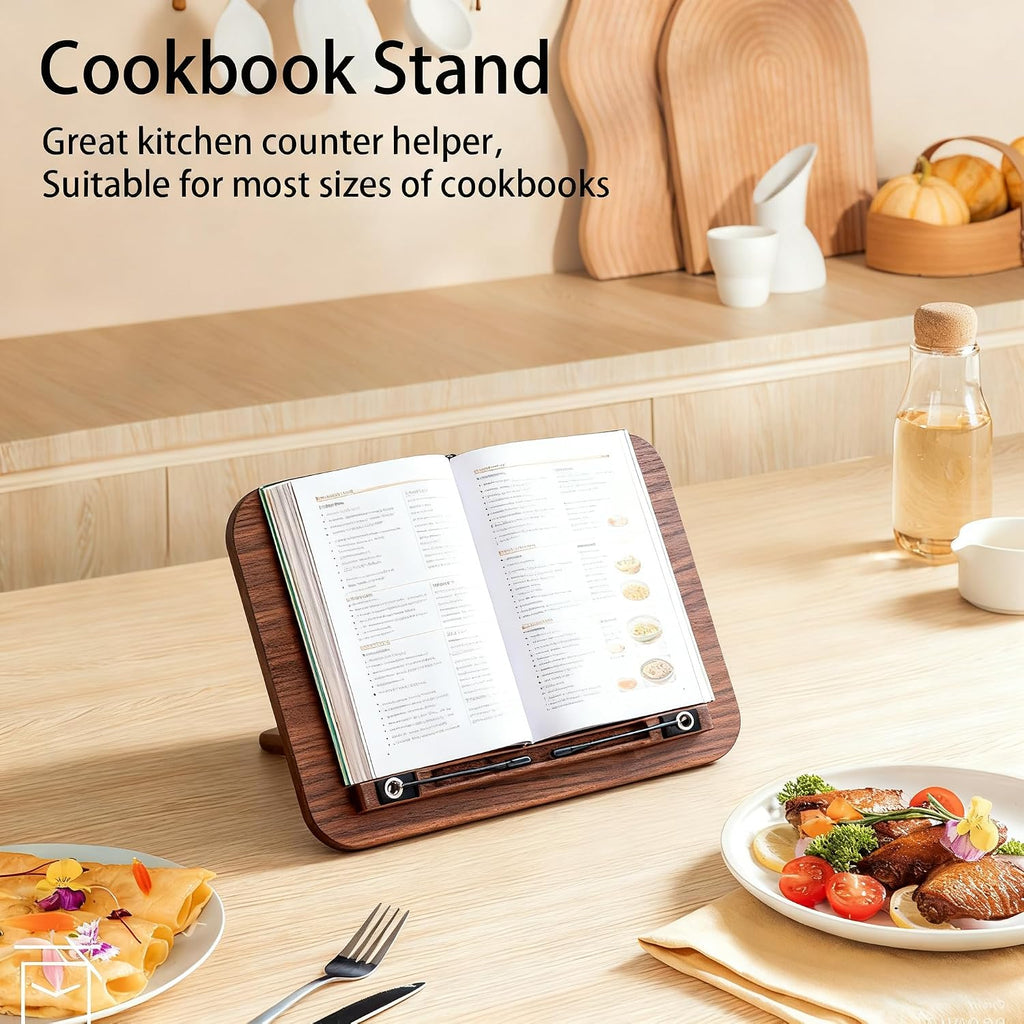 Portable Book Stand for Reading, Adjustable Wooden Laptop Stand. Foldable Desktop Stand for Cookbook, Fits All Books (Walnut, Chinoiserie Simple)