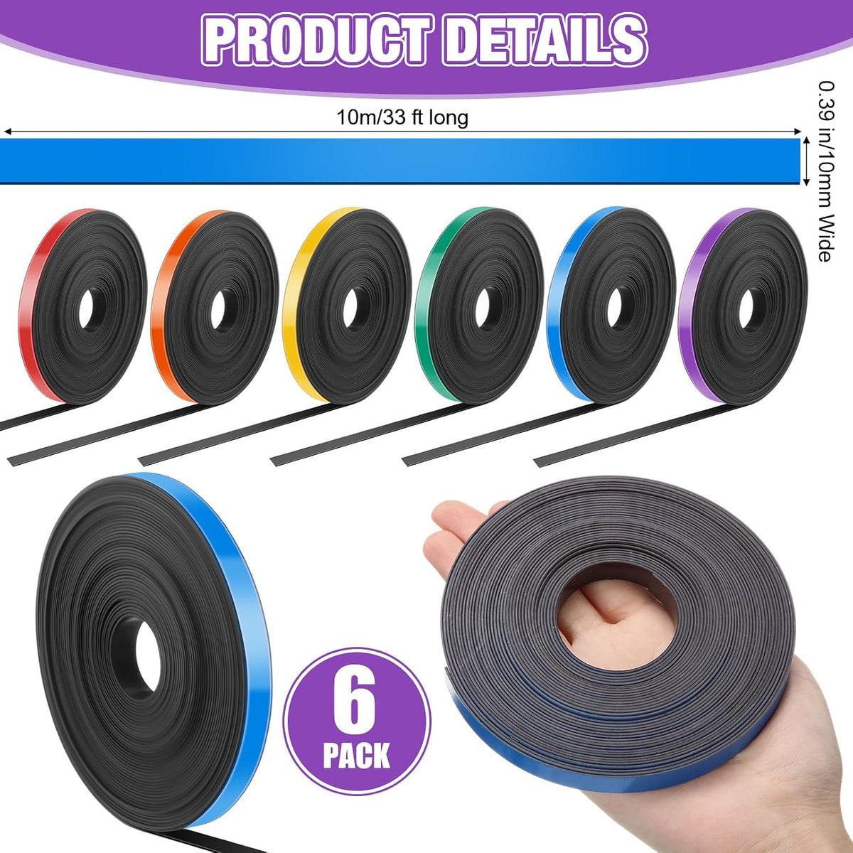 6 Rolls Mixcolor Magnetic Tape Roll Thin Strips, 2/5 Inch x 33 ft