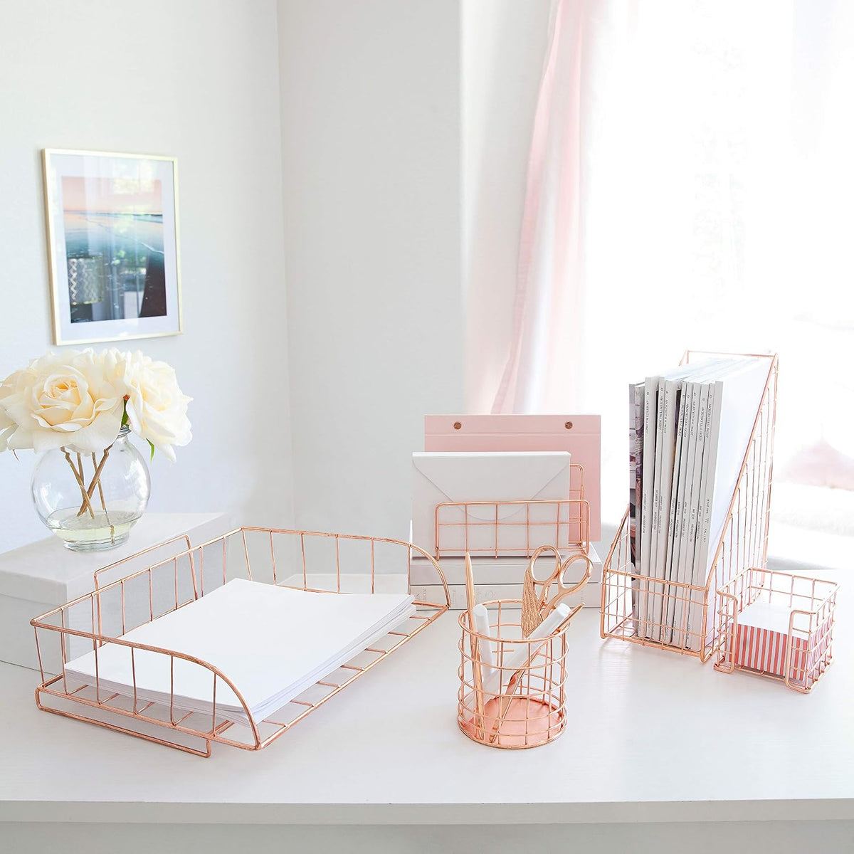 BLU MONACO | Rose Gold Desk Organizer Set 5 Piece | Mail Sorter Organizer Cou...