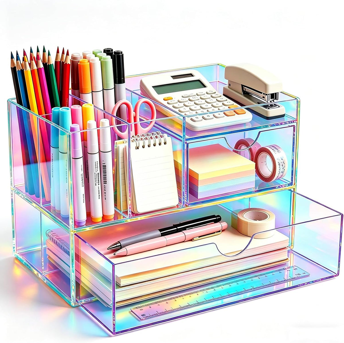Desk Organizer with Drawers Acrylic Desktop Organizer Pen Holder Caddy for Of...