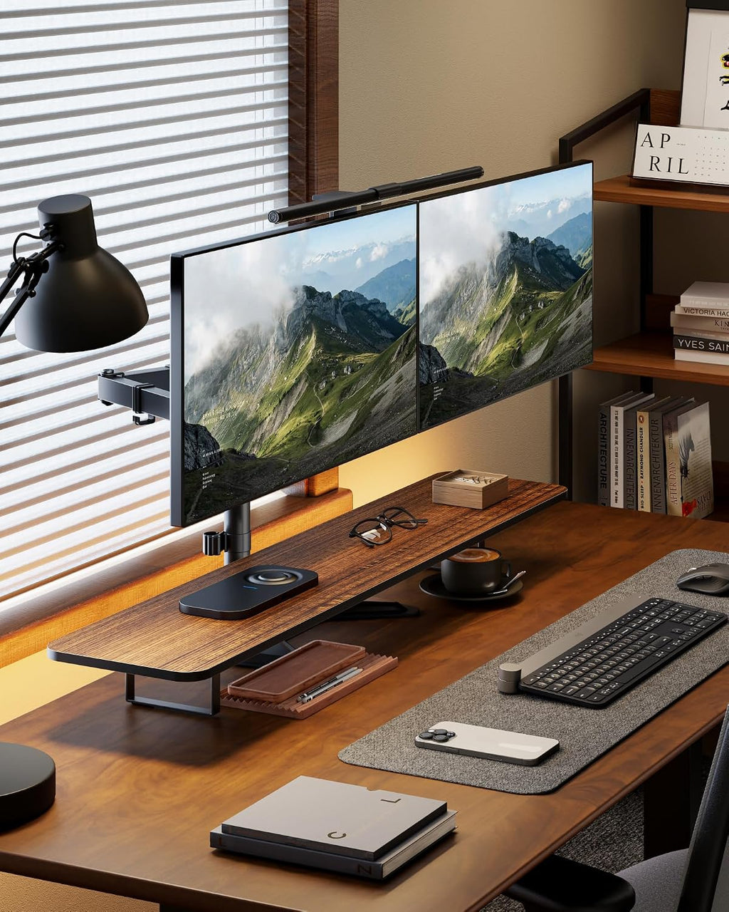 montek freestanding dual monitor stand for 17-32" screens shown in use