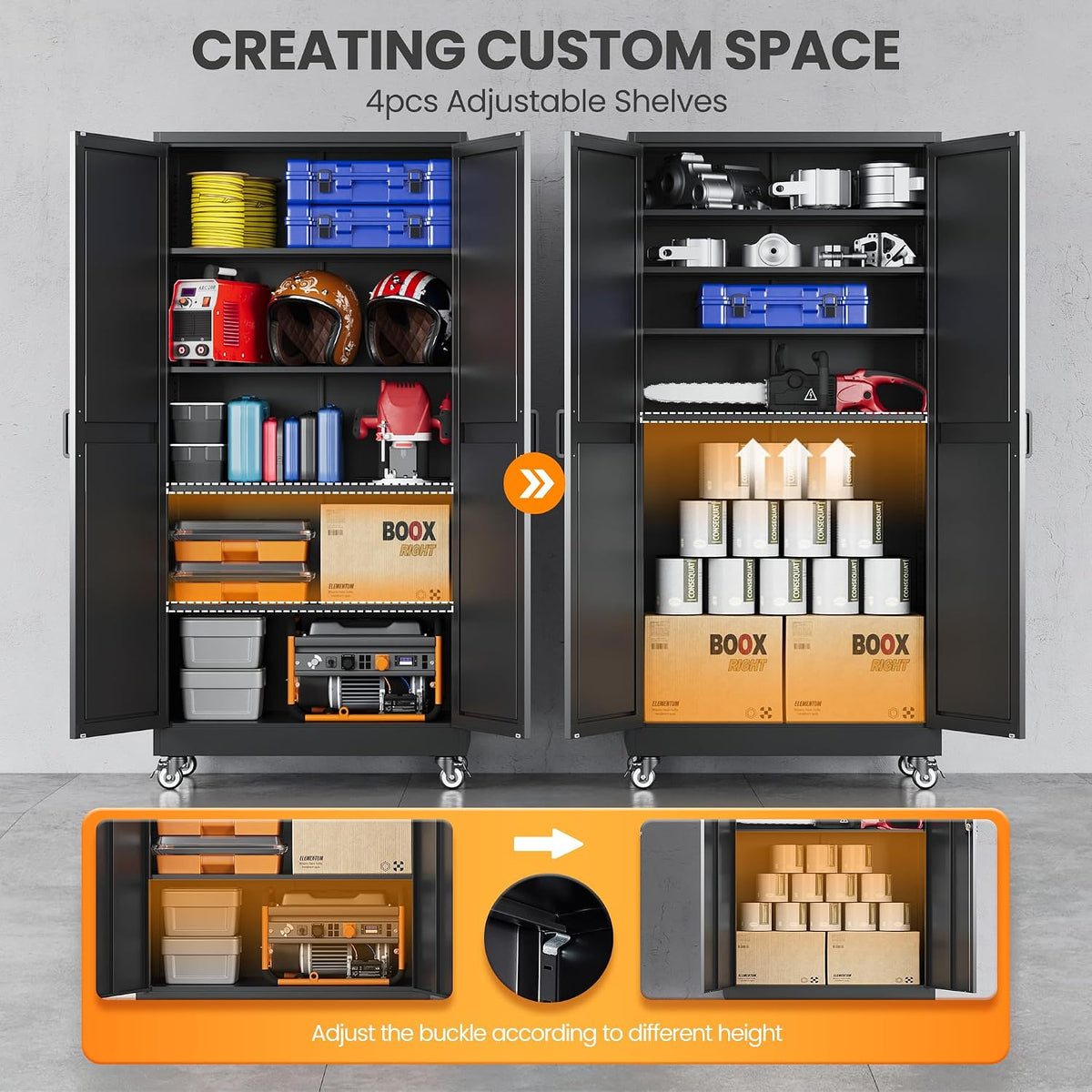 75" tall wheeled garage storage cabinet, rolling metal, side view