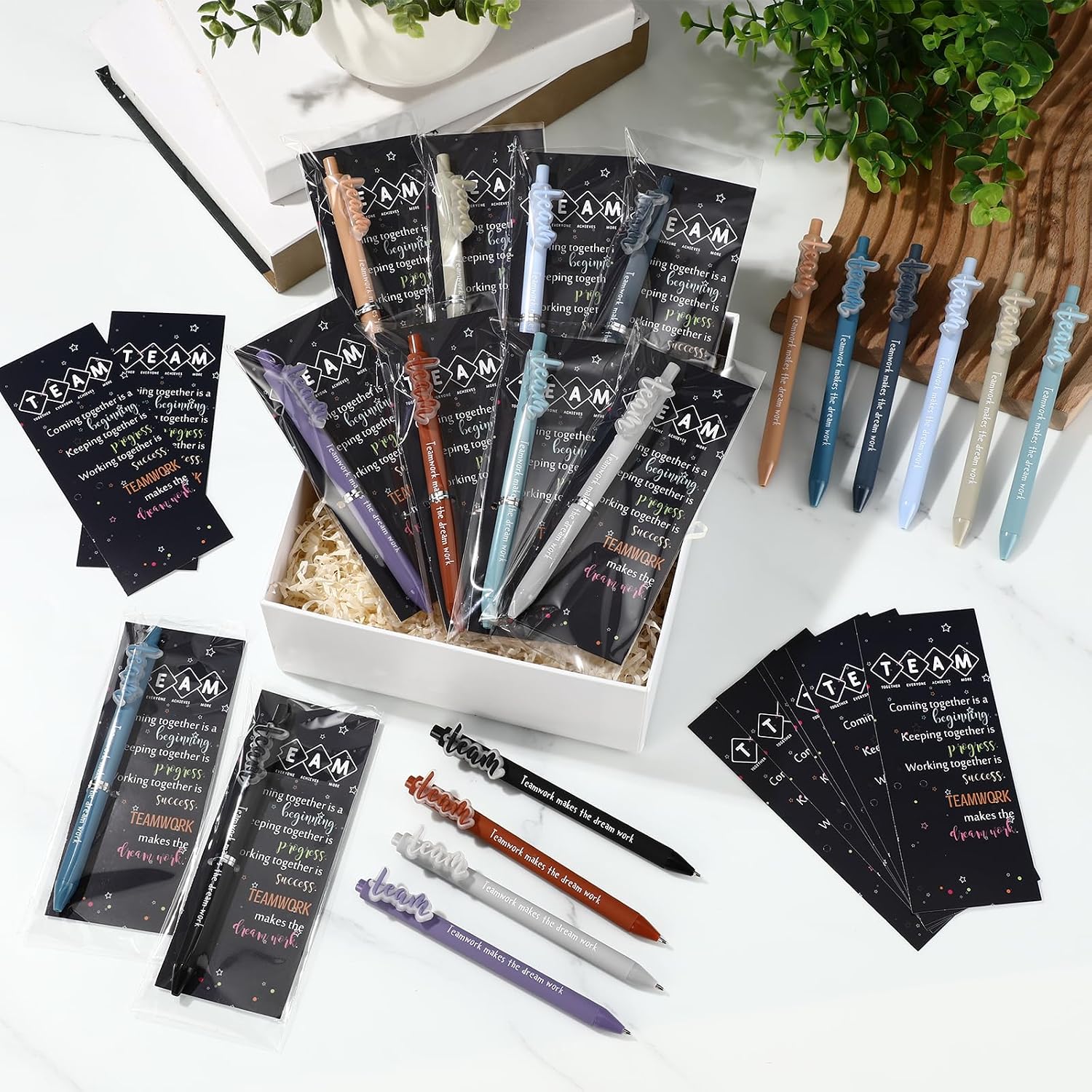 Geyoga 50 Sets Team Appreciation Gifts Bulk Ballpoint Pens with Teamwork Cards for Employee Coworker Staff Group Members Volunteer Office Supplies