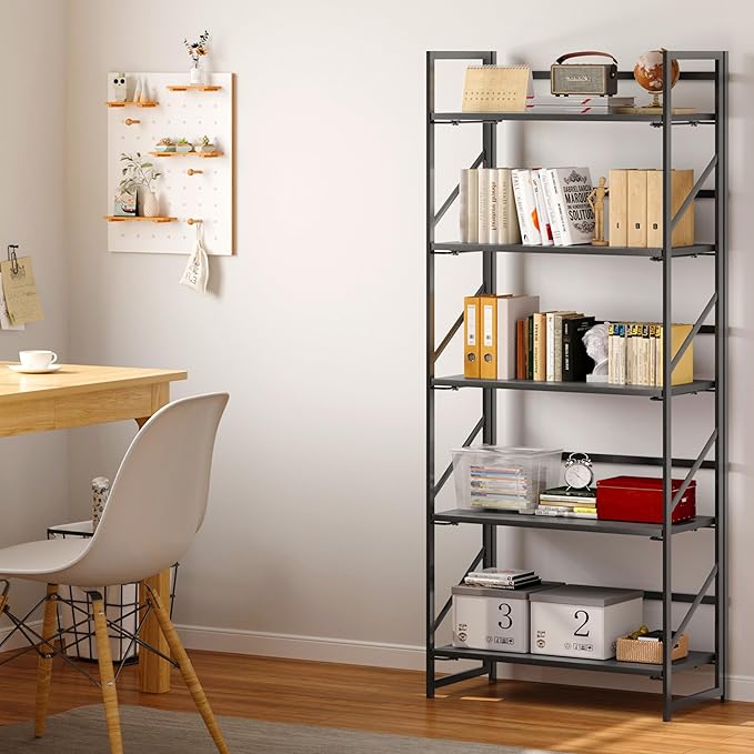 JSB No Assembly Folding Bookshelf, 5 Tier Industrial Metal Book Shelf - Image 5