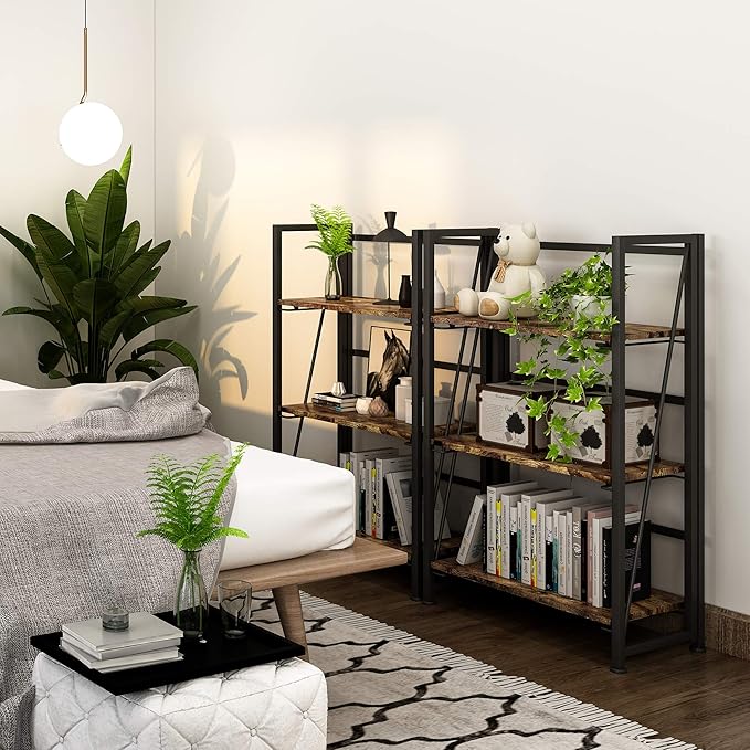 4NM No Assembly Folding Bookshelf Storage Shelves 3 Tiers Vintage Bookcase - Image 4