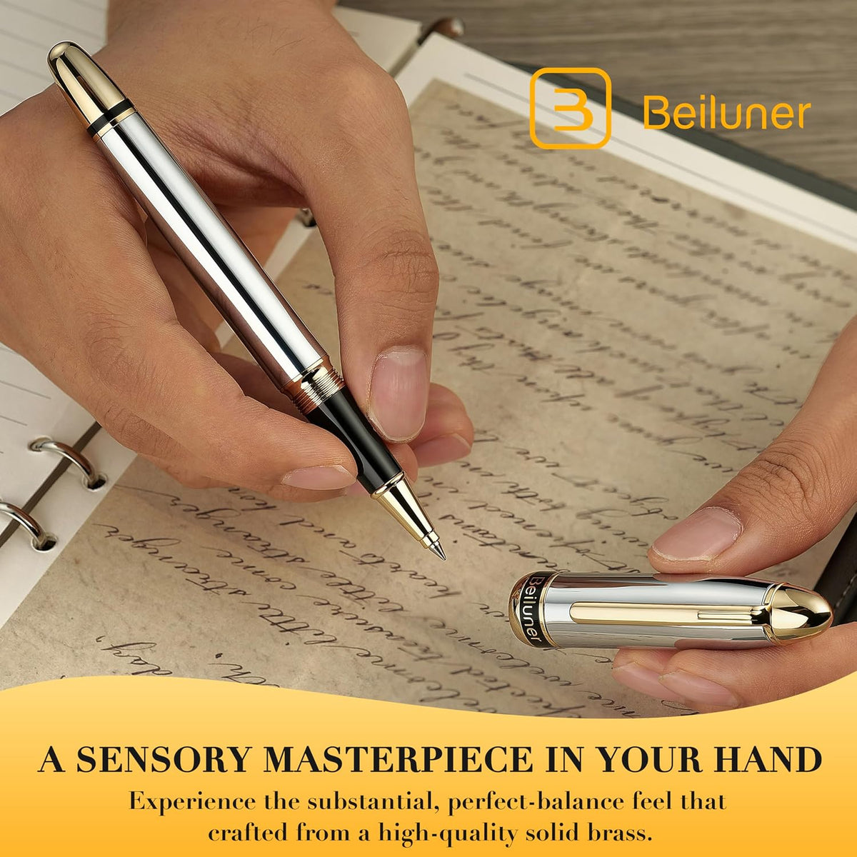 BEILUNER 315 Luxury Rollerball Pen, with 24K Gold Finish-Silver Chrome