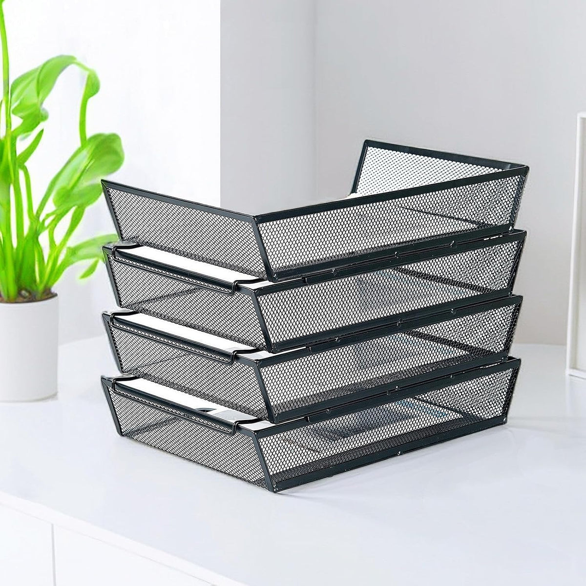 SETTFRFE 4 Tier Metal Letter Tray Desk Organizer-Stackable Paper Tray,Black