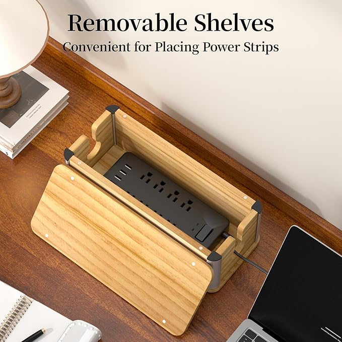 Delamu Wooden Cable Management Box, Retro-Inspired Look Desk Cord Organizer Box - Image 5