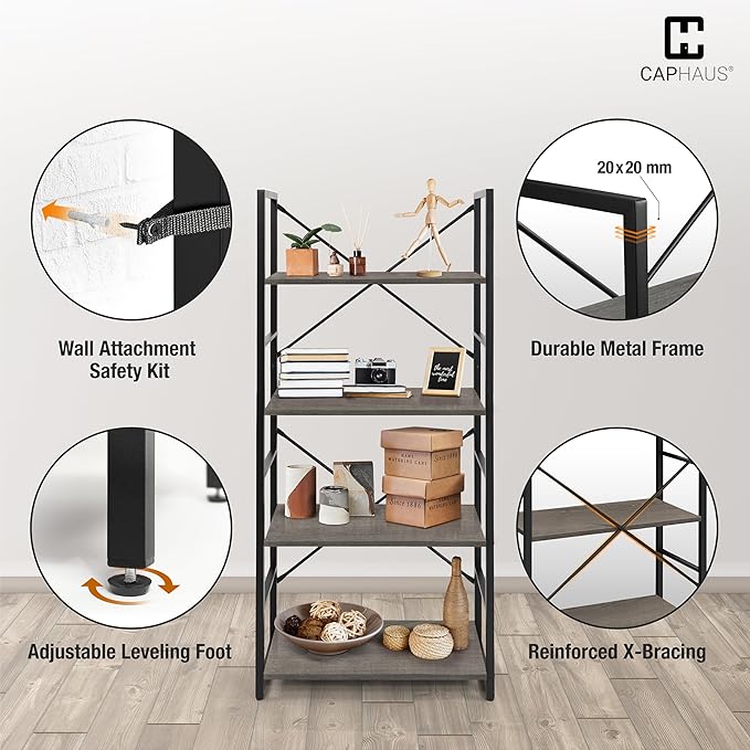 CAPHAUS 4 Tier Bookshelf, 24 Inch Width Free Standing Shelf, Bookcase Shelf - Image 5