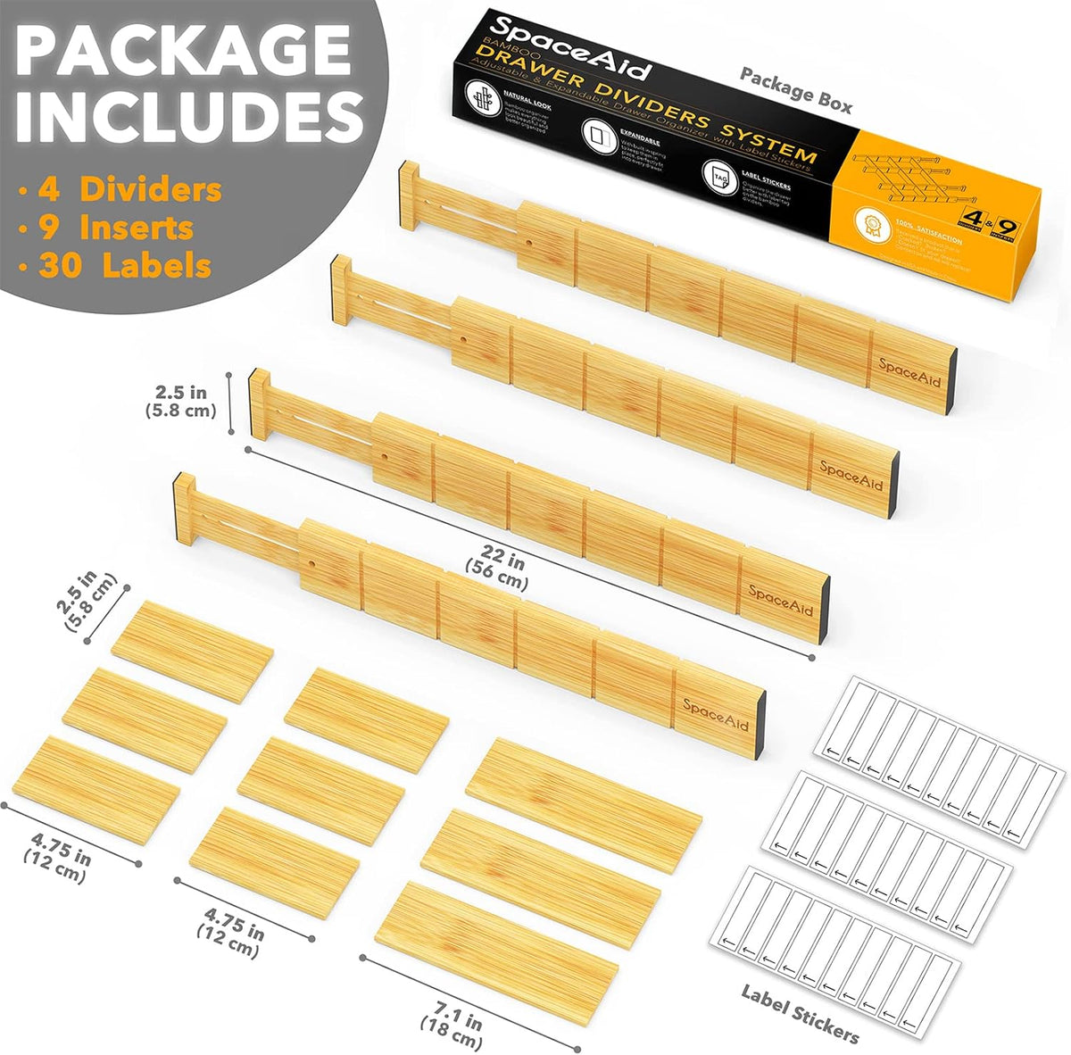 SpaceAid Bamboo Drawer Dividers with Labels, 6 Dividers with 12 Inserts (17-2...