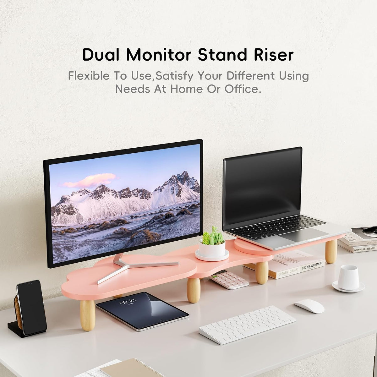 AFOOYO Dual Monitor Stand Riser, Adjustable Rainbow Cloud Desktop Organizer f...