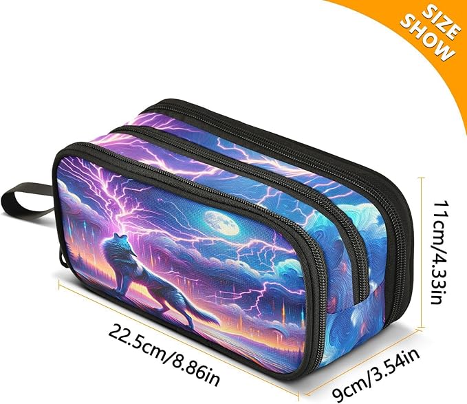 Wolf Howling Moon Lightning Pencil Case Box Boys Girls Large Pencil Pouch - Image 5