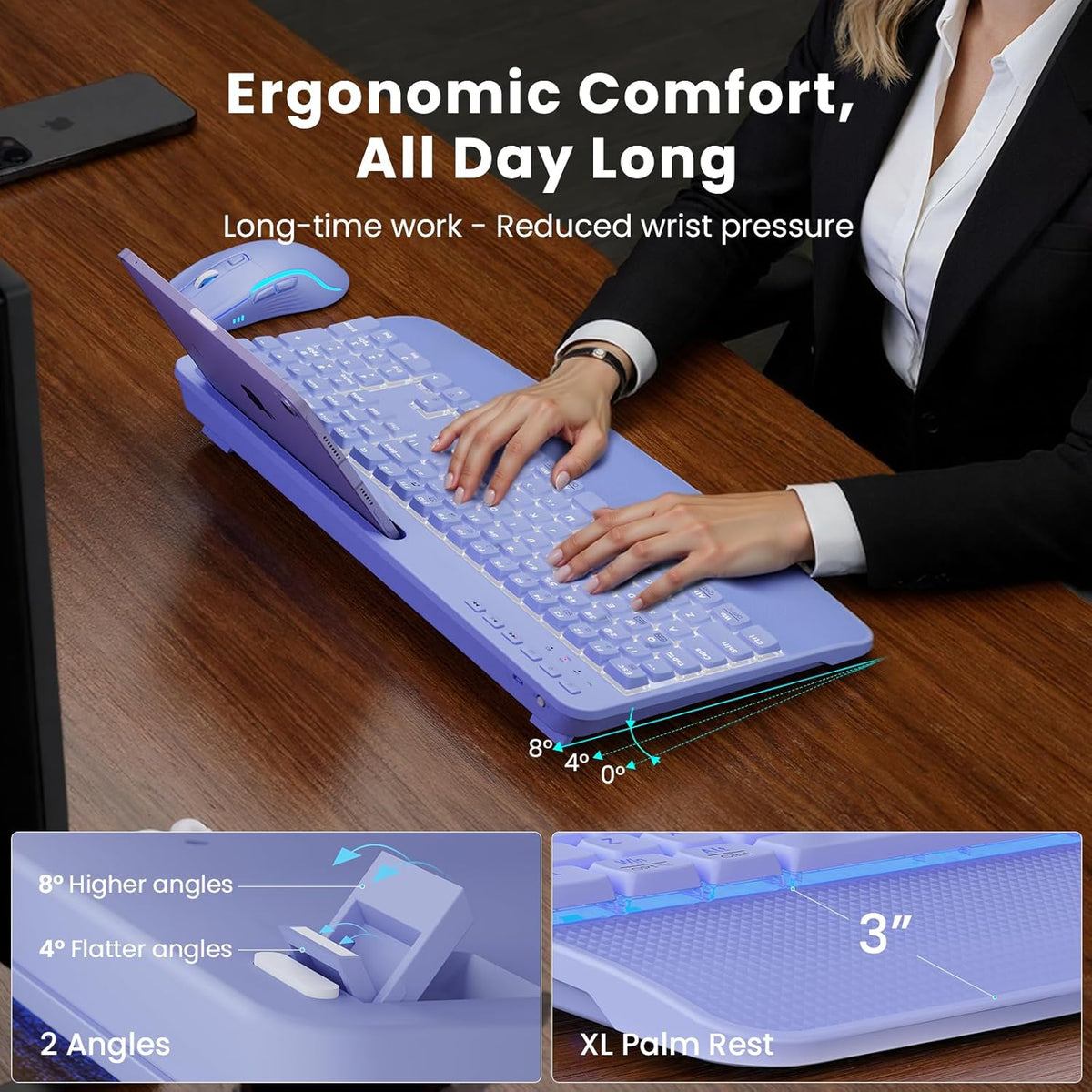 Purple Keyboard and Mouse Wireless Combo, 4000mAh Rechargeable Backlit Quiet ...
