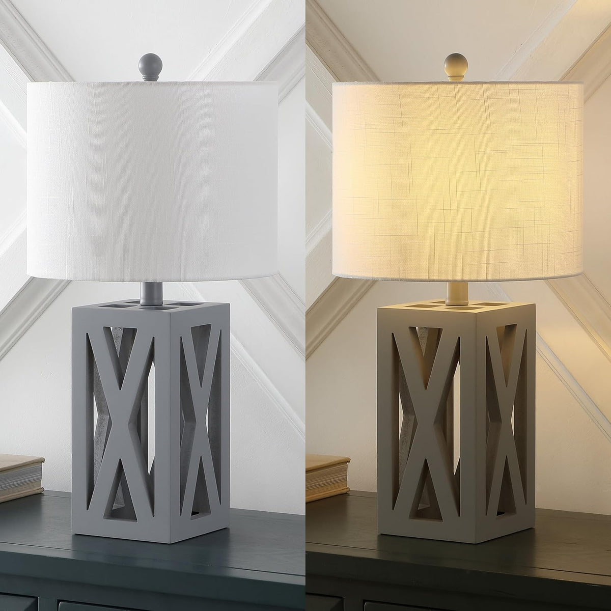 JONATHAN Y Stewart Rustic Wood Bedside Table Lamp 21.5", Gray, Set of 2
