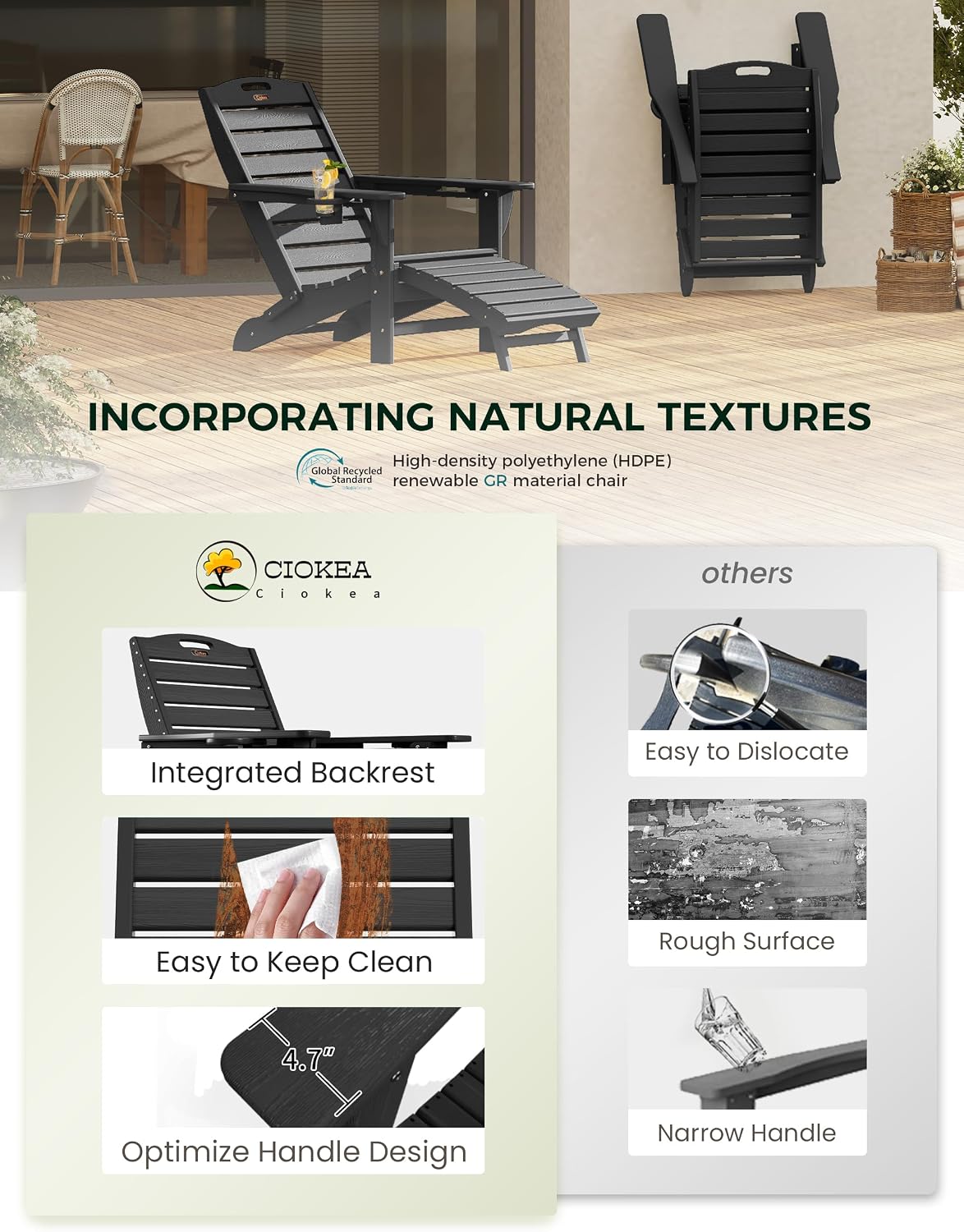 Ciokea HDPE Folding Adirondack Chair with Footrest,Black,1