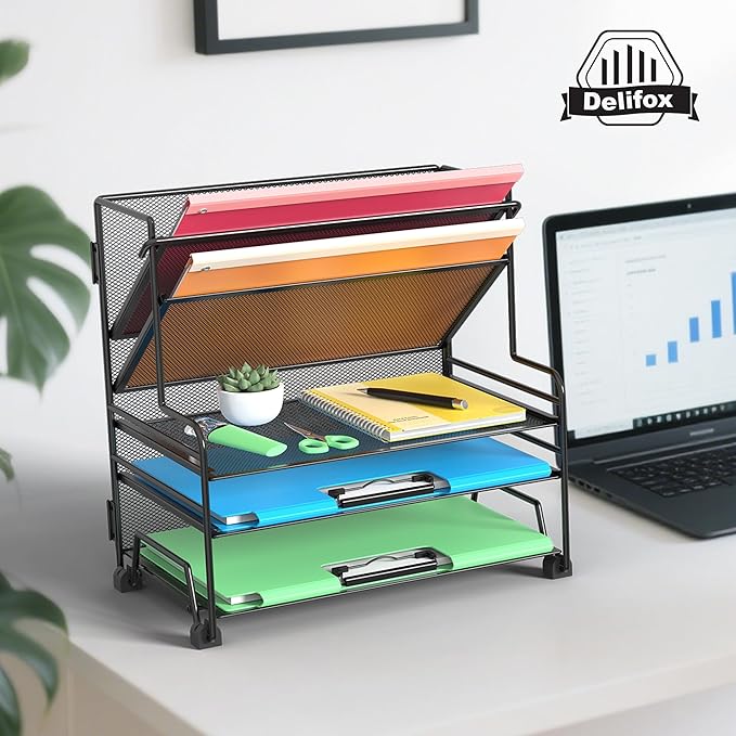 Desk File Organizer, 3-Tier Letter Tray Paper Organizer and 2-Pocket Metal - Image 7