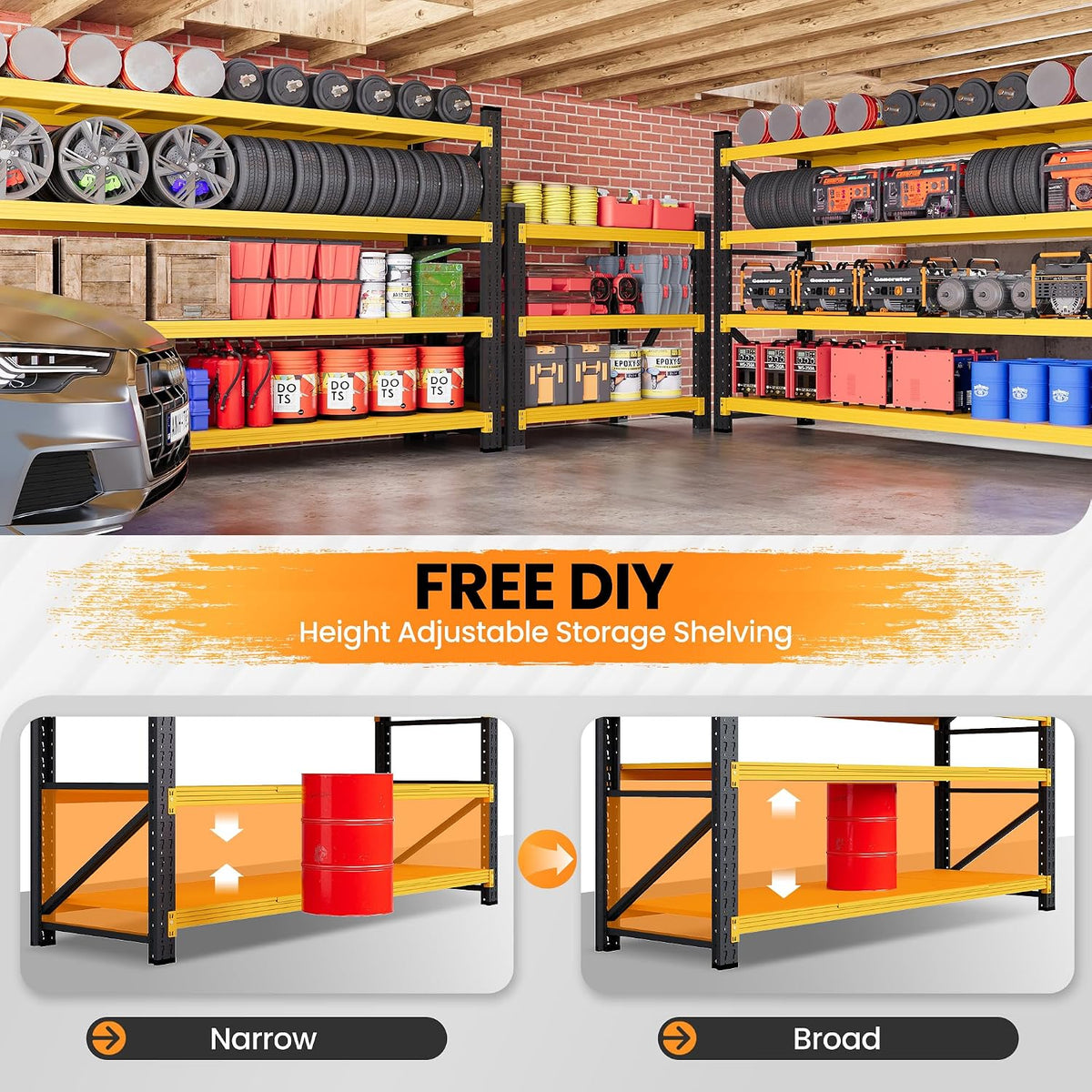 71.3” Wide Heavy Duty Metal Garage Shelving, Adjustable Storage Shelf