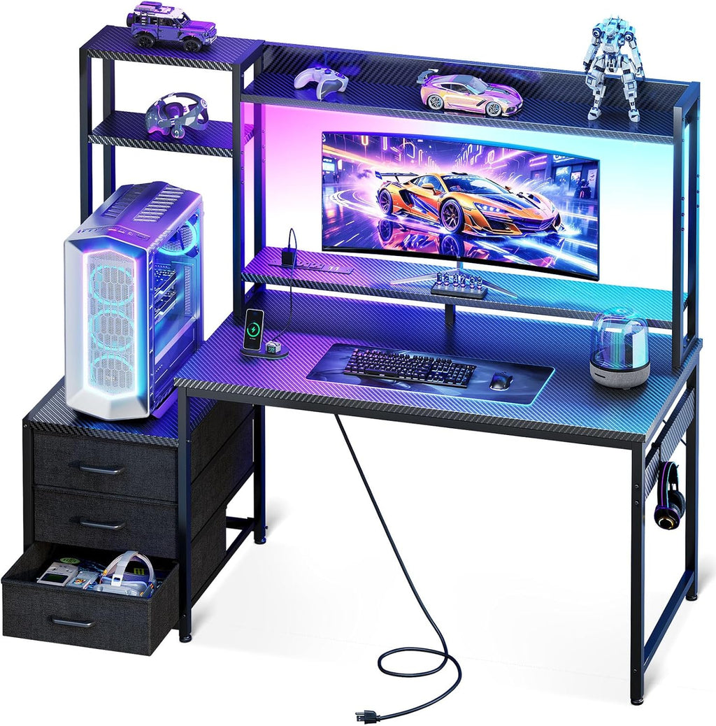 Casaottima 48 Inch Gaming Desk with Shelves & Hutch & 3 Drawers & LED Light | Reversible PC Desk with Tower Stand & Power Outlets, Computer Desk for Home Office, Carbon Fiber Black